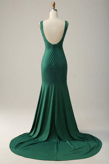 Sirena Cuello en V Verde Vestido de Fiesta con Abalorios
